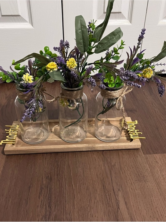 Other - Rustic Glass Bottle Trio with Lavender and Yellow Accent Flowers